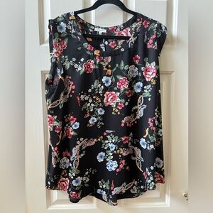 Pleione Bailey Blouse. XL. Black Floral with birds and paisley. Great Condition.